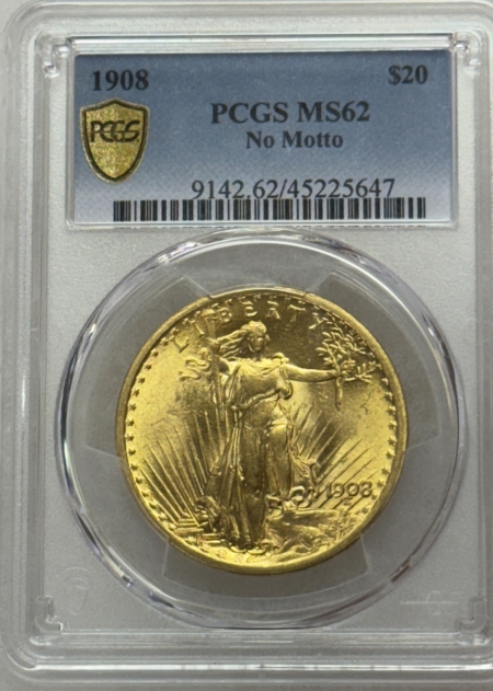 $20 1908 $20 ST GAUDENS GOLD DOUBLE EAGLE, NO MOTTO – PCGS MS-62!