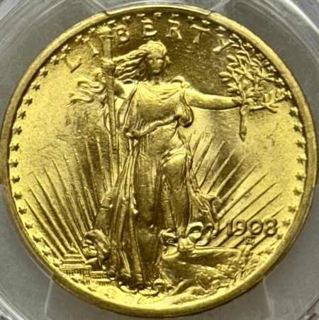 $20 1908 $20 ST GAUDENS GOLD DOUBLE EAGLE, NO MOTTO – PCGS MS-62!
