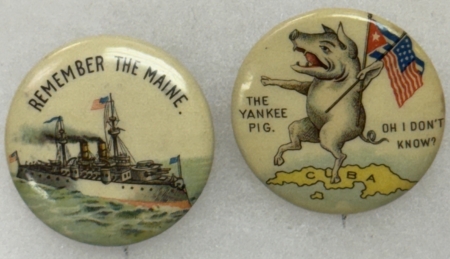 Miscellaneous 1898 SPANISH-AMERICAN WAR 1 1/4″ CELLO BUTTONS LOT INCL SCARCE “YANKEE PIG”, NM