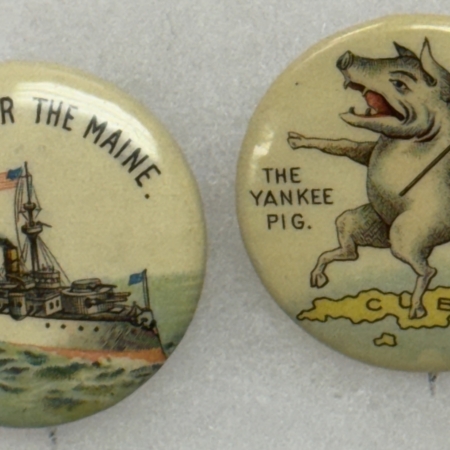 Miscellaneous 1898 SPANISH-AMERICAN WAR 1 1/4″ CELLO BUTTONS LOT INCL SCARCE “YANKEE PIG”, NM