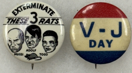 Miscellaneous 1940S WWII PATRIOTIC 1 1/4″ CELLO BUTTON PAIR INCL ICONIC 3 RATS NR MINT TO MINT