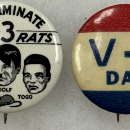 Miscellaneous 1940S WWII PATRIOTIC 1 1/4″ CELLO BUTTON PAIR INCL ICONIC 3 RATS NR MINT TO MINT