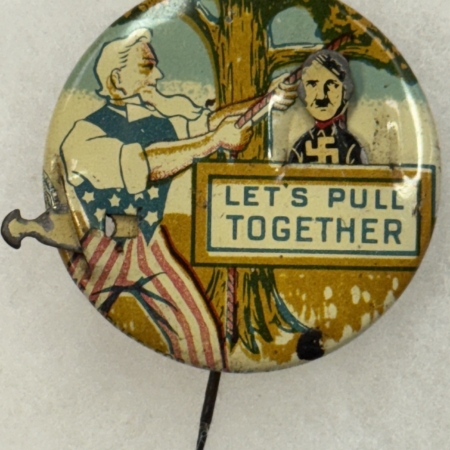 Miscellaneous 1940S HANG HITLER 1 1/2″ LITHO MECHANICAL BUTTON (MISSING STRING) BRIGHT/EXC!