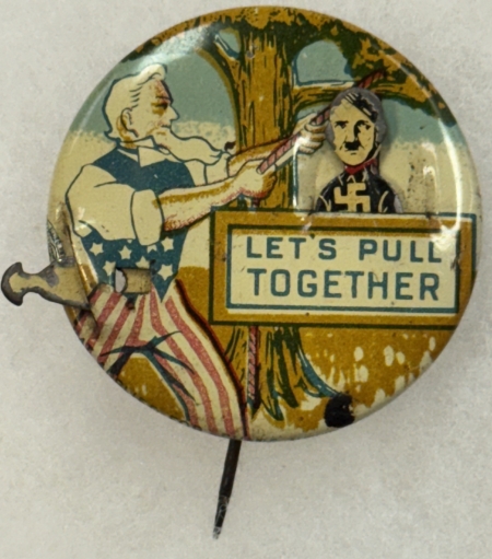 Miscellaneous 1940S HANG HITLER 1 1/2″ LITHO MECHANICAL BUTTON (MISSING STRING) BRIGHT/EXC!