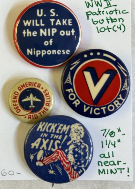 Miscellaneous 1940S WORLD WAR II ALLIES PATRIOTIC BUTTON LOT/4, 7/8″ – 1 1/4″ ALL NEAR MINT