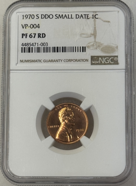 Lincoln Cents (Memorial) 1970-S SMALL DATE PROOF LINCOLN CENT, DOUBLED DIE OBVERSE, VP-004 – NGC PF-67 RD