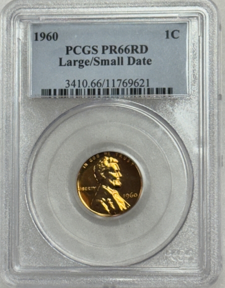 Lincoln Cents (Memorial) 1960 PROOF LINCOLN CENT, LARGE/SMALL DATE – PCGS PR-66 RD, NICE BRIGHT RED