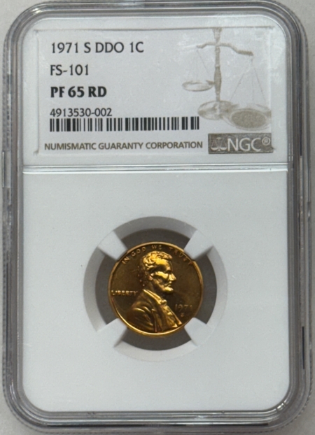 Lincoln Cents (Memorial) 1971-S DOUBLED DIE OBVERSE PROOF LINCOLN CENT, FS-101 – NGC PF-65 RD, BRIGHT RED
