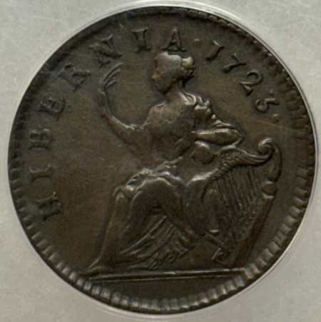 Colonials 1723 HALF PENNY WOOD’S HIBERNIA COINAGE W-13120 – ANACS EF-40, LOOKS AU, PQ+