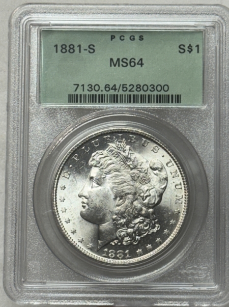Dollars 1881-S $1 MORGAN DOLLAR – PCGS MS-64, FLASHY & OLD GREEN HOLDER!