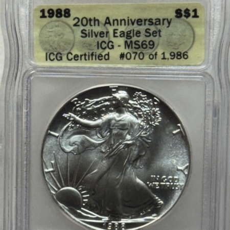 American Silver Eagles 1988 $1 AMERICAN SILVER EAGLE SET 1 OZ .999 ICG MS-69, 20TH ANNIVERSARY #70/1986