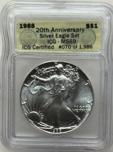 American Silver Eagles 1988 $1 AMERICAN SILVER EAGLE SET 1 OZ .999 ICG MS-69, 20TH ANNIVERSARY #70/1986