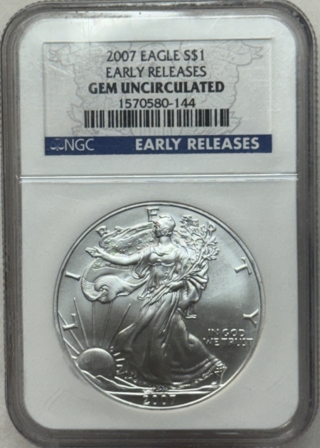 American Silver Eagles 2007 $1 AMERICAN SILVER EAGLE, 1 OZ .999 – NGC GEM UNCIRCULATED, EARLY RELEASES