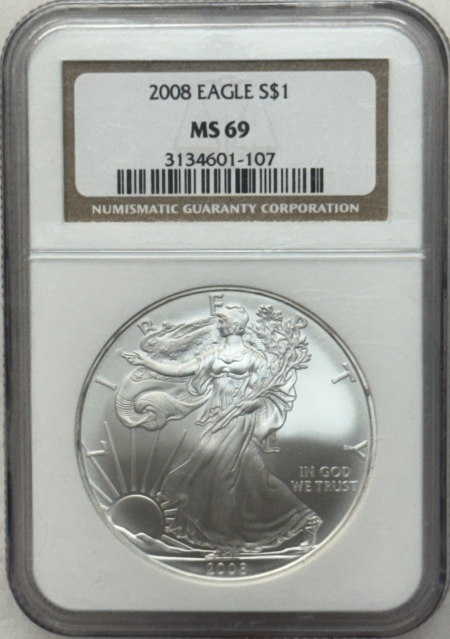 American Silver Eagles 2008 $1 AMERICAN SILVER EAGLE, 1 OZ .999 – NGC MS-69