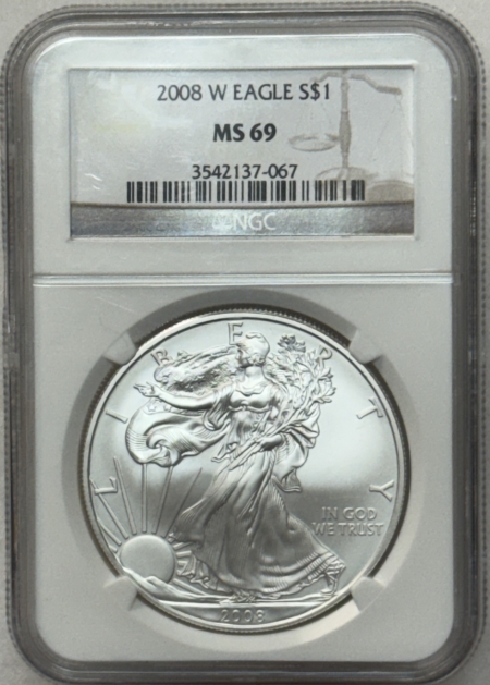 American Silver Eagles 2008-W $1 BURNISHED AMERICAN SILVER EAGLE, 1 OZ .999 – NGC MS-69