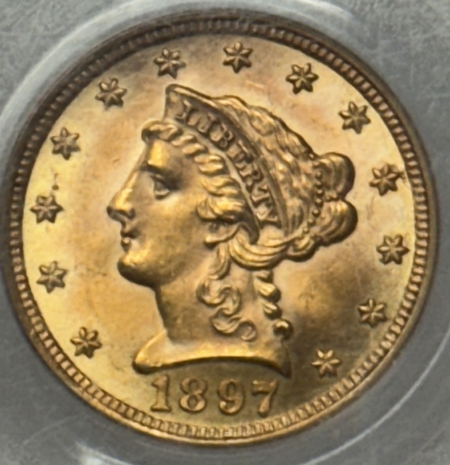 $2.50 1897 $2.50 LIBERTY GOLD QUARTER EAGLE, PCGS MS-61 PRETTY, OGH, PREMIUM QUALITY++