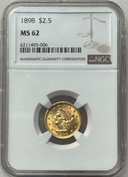 $2.50 1898 $2.50 LIBERTY GOLD QUARTER EAGLE – NGC MS-62, LOOKS CHOICE!