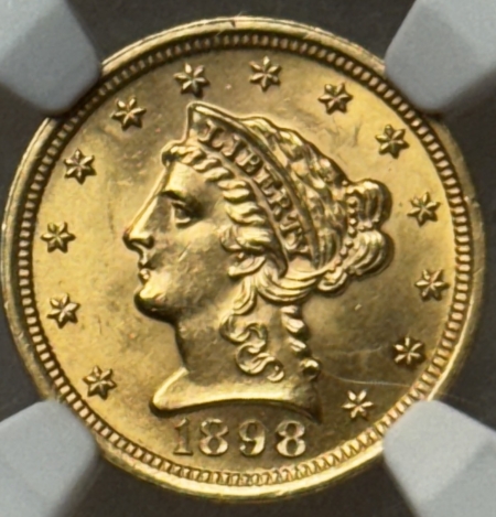 $2.50 1898 $2.50 LIBERTY GOLD QUARTER EAGLE – NGC MS-62, LOOKS CHOICE!