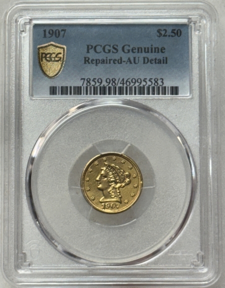 $2.50 1907 $2.50 LIBERTY GOLD QUARTER EAGLE – PCGS GENUINE REPAIRED-AU DETAIL!