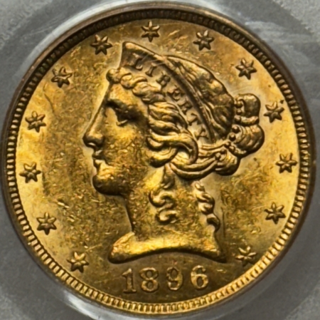 $5 1896-S $5 LIBERTY GOLD HALF EAGLE – PCGS AU-58, TOUGH DATE!
