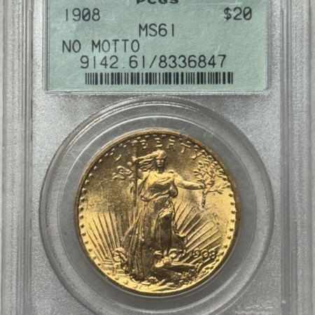 $20 1908 $20 ST GAUDENS GOLD DOUBLE EAGLE, NO MOTTO – PCGS MS-61, LOOKS CHOICE! OGH!