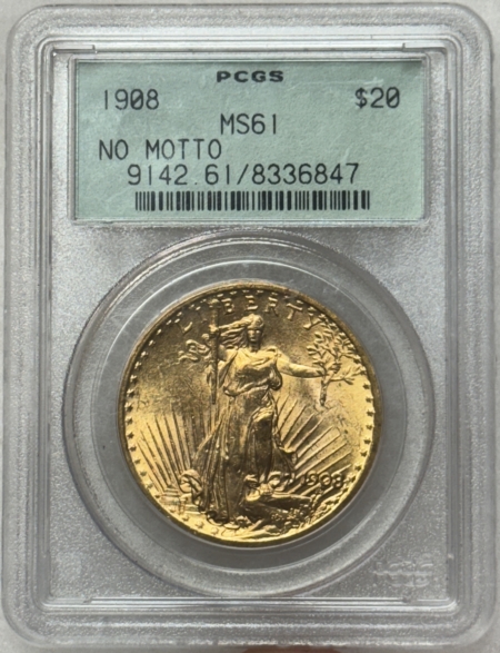 $20 1908 $20 ST GAUDENS GOLD DOUBLE EAGLE, NO MOTTO – PCGS MS-61, LOOKS CHOICE! OGH!