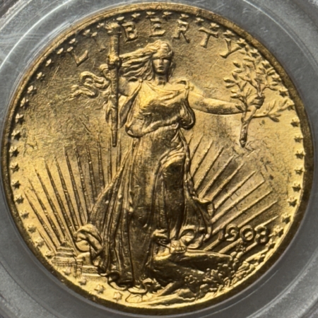 $20 1908 $20 ST GAUDENS GOLD DOUBLE EAGLE, NO MOTTO – PCGS MS-61, LOOKS CHOICE! OGH!