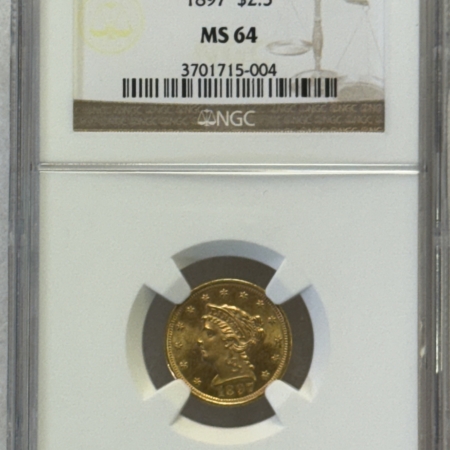 $2.50 1897 $2.50 LIBERTY GOLD QUARTER EAGLE – NGC MS-64, FRESH & PREMIUM QUALITY!