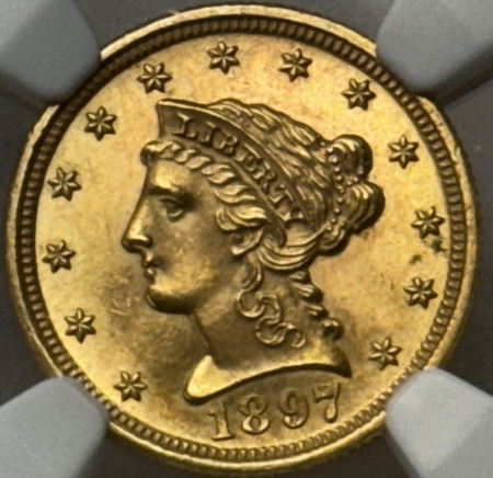 $2.50 1897 $2.50 LIBERTY GOLD QUARTER EAGLE – NGC MS-64, FRESH & PREMIUM QUALITY!