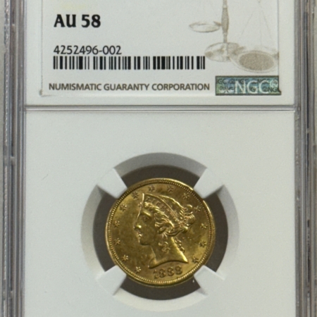 $5 1888-S $5 LIBERTY GOLD HALF EAGLE – PCGS AU-58, BETTER DATE!