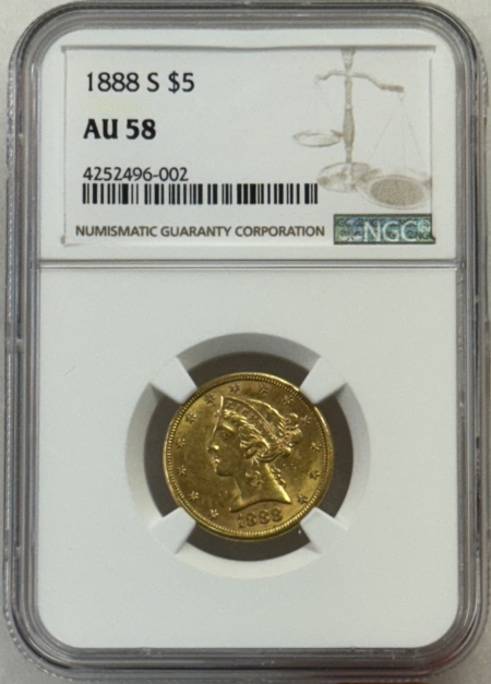 $5 1888-S $5 LIBERTY GOLD HALF EAGLE – PCGS AU-58, BETTER DATE!