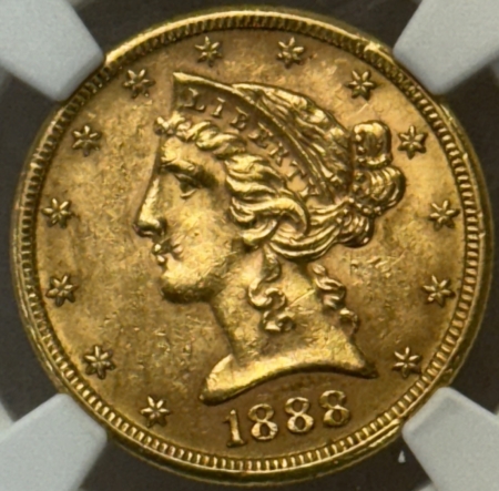 $5 1888-S $5 LIBERTY GOLD HALF EAGLE – PCGS AU-58, BETTER DATE!