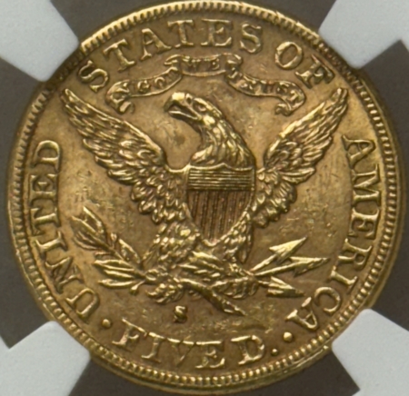 $5 1888-S $5 LIBERTY GOLD HALF EAGLE – PCGS AU-58, BETTER DATE!