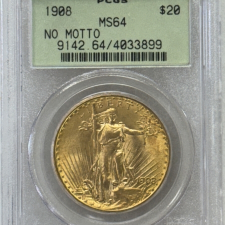 $20 1908 $20 ST GAUDENS GOLD DOUBLE EAGLE, NO MOTTO – PCGS MS-64 OGH, FRESH PQ, GEM!