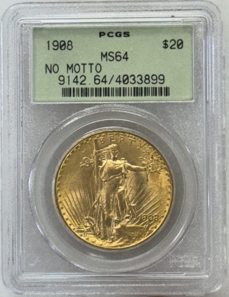 $20 1908 $20 ST GAUDENS GOLD DOUBLE EAGLE, NO MOTTO – PCGS MS-64 OGH, FRESH PQ, GEM!