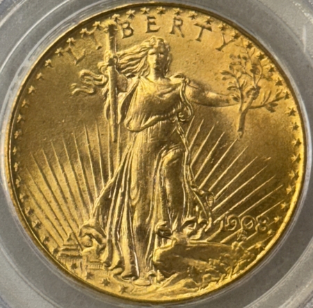 $20 1908 $20 ST GAUDENS GOLD DOUBLE EAGLE, NO MOTTO – PCGS MS-64 OGH, FRESH PQ, GEM!