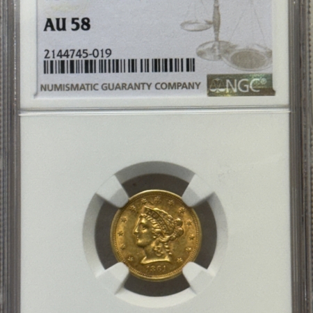 $2.50 1861 $2.50 LIBERTY GOLD, NEW REVERSE, NGC AU-58, CIVIL WAR DATE, NICE DEEP COLOR