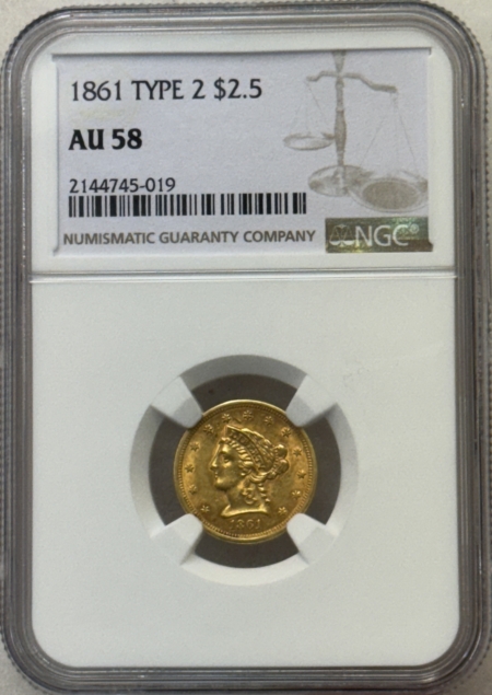 $2.50 1861 $2.50 LIBERTY GOLD, NEW REVERSE, NGC AU-58, CIVIL WAR DATE, NICE DEEP COLOR