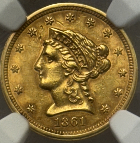 $2.50 1861 $2.50 LIBERTY GOLD, NEW REVERSE, NGC AU-58, CIVIL WAR DATE, NICE DEEP COLOR