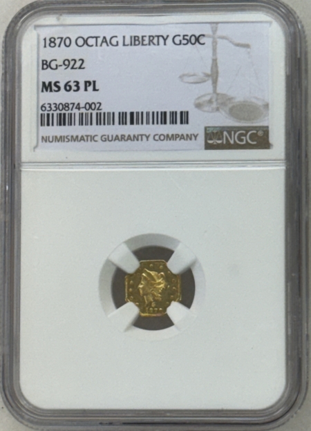 New Certified Coins 1870 50c OCTAGONAL CALIFORNIA FRACTIONAL GOLD BG-922 NGC MS-63 PL PROOFLIKE WOW!