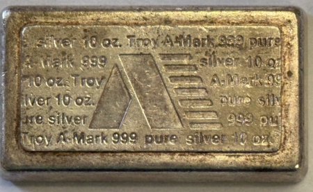 Bullion 10 OZ .999 FINE SILVER ASSAY LOT VINTAGE A-MARK SILVER BAR, #783, USVI INGOT CO