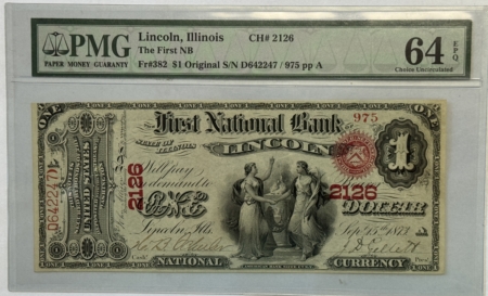 Large National Currency 1865 ORIGINAL SERIES $1 NATIONAL BANK NOTE FNB LINCOLN IL CHTR 2126 PMG CU64 EPQ