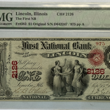 Large National Currency 1865 ORIGINAL SERIES $1 NATIONAL BANK NOTE FNB LINCOLN IL CHTR 2126 PMG CU64 EPQ