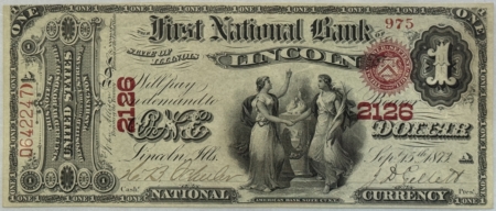 Large National Currency 1865 ORIGINAL SERIES $1 NATIONAL BANK NOTE FNB LINCOLN IL CHTR 2126 PMG CU64 EPQ