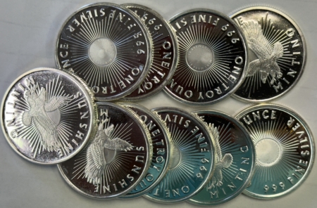 Bullion 1/2 ROLL OF 10 .999 SILVER SUNSHINE MINT PROOF 1 OZ SILVER ROUNDS, 10 OZ TOTAL!