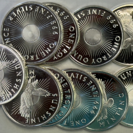 Bullion 1/2 ROLL OF 10 .999 SILVER SUNSHINE MINT PROOF 1 OZ SILVER ROUNDS, 10 OZ TOTAL!