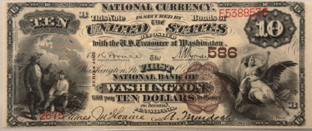 Large U.S. Notes 1882 $10 BROWN BACK FNB OF WASHINGTON, PA CHTR #586, FR#480 – PCGS XF-45 PPQ