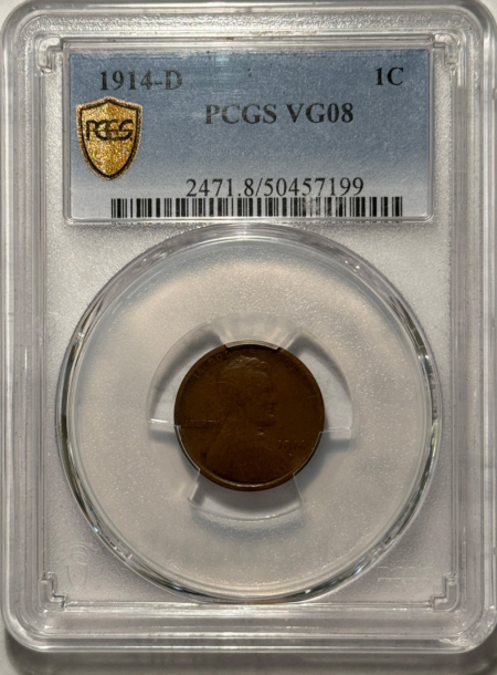 Lincoln Cents (Wheat) 1914-D LINCOLN CENT – PCGS VG-8, KEY-DATE!