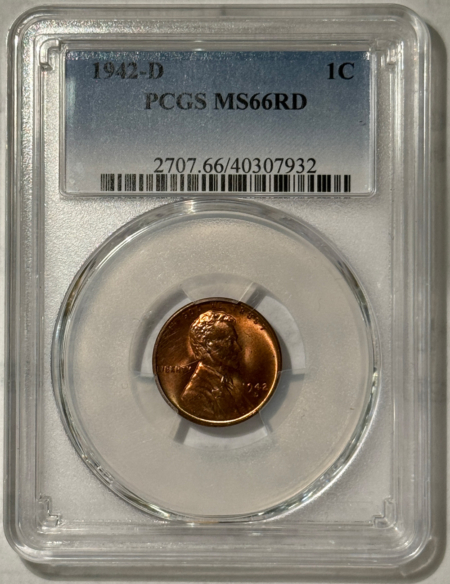 Lincoln Cents (Wheat) 1942-D LINCOLN CENT – PCGS MS-66 RD, GORGEOUS!