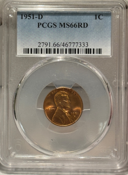 Lincoln Cents (Wheat) 1951-D LINCOLN CENT – PCGS MS-66 RD, BLAZING & PREMIUM QUALITY!